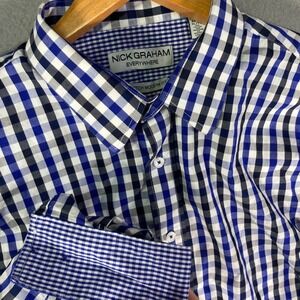 Nick Graham Mens XL Tall‎ Plaid Shirt Blue White Stretch Modern Fit Button Up